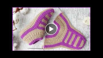 House footprints with knitting needles - Simple slippers with no seams on the sole