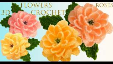 CROCHET 3 D ROSE FLOWER WITH LEAVES CROCHET 3 D ROSE FLOWER WITH LEAVES