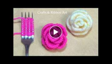 Amazing Trick with Fork - Easy Woolen Rose Making - Hand Embroidery Hack - DIY Woolen Flowers Amazing Trick with Fork - Easy Woolen Rose Making - Hand Embroidery Hack - DIY Woolen Flowers